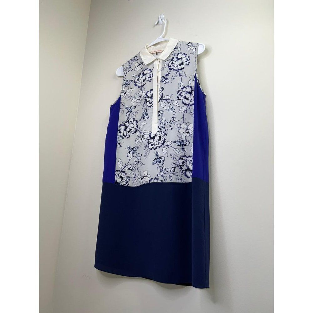 Rebecca Taylor Blue Color Block Floral 100% Silk Sleeveless Shirt Dress 4 - Picture 4 of 9